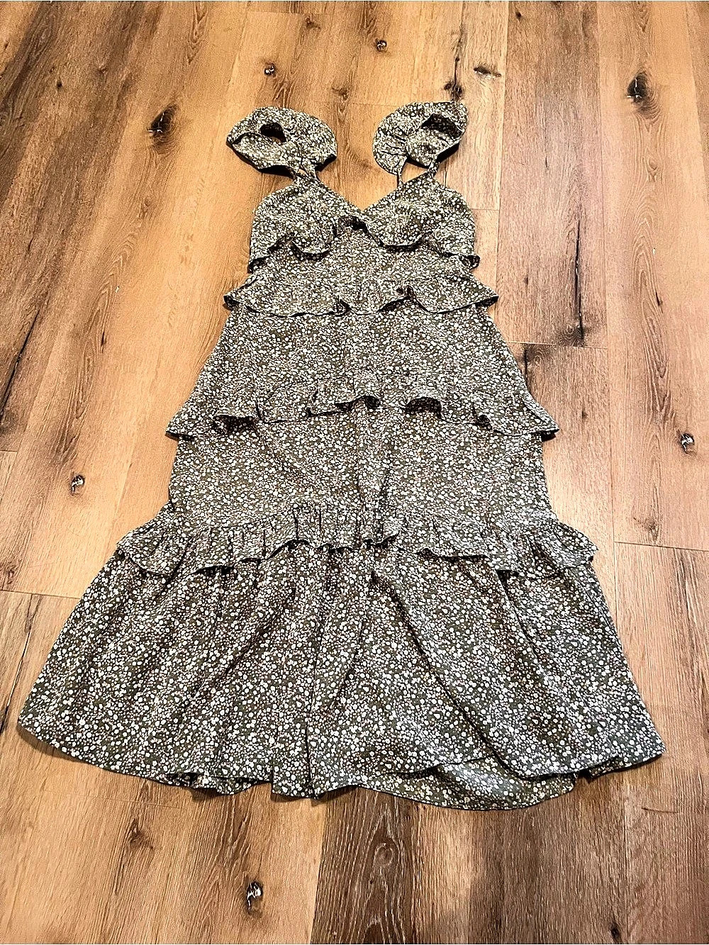 Altar’d State Large Floral Ruffle Mini Dress in Green & Pink Like New